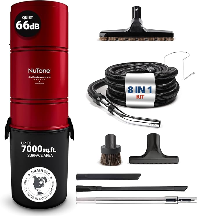 Drainvac Broan-nutone 650 Air watts Residential Central Vacuum System with Standard Toolset Accessories for Cleaning Floors, Carpet, or Any Surfaces - Anti-Vibration, Powerful Suction
