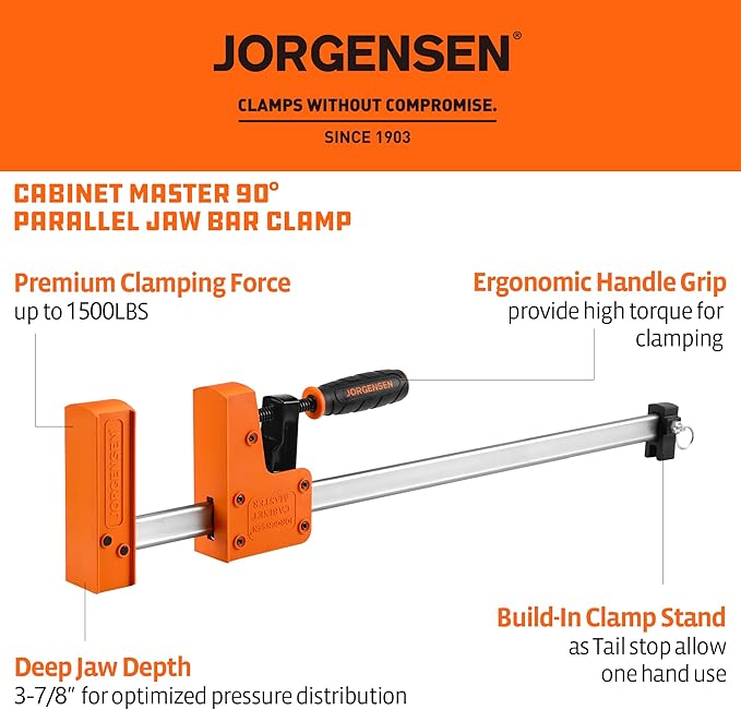 Jorgensen 18??Bar Clamp Set, 2-pack 90째 Parallel Clamp Cabinet Master, Steel Jaw Bar Clamp for Woodworking, 1500 lbs load Limited