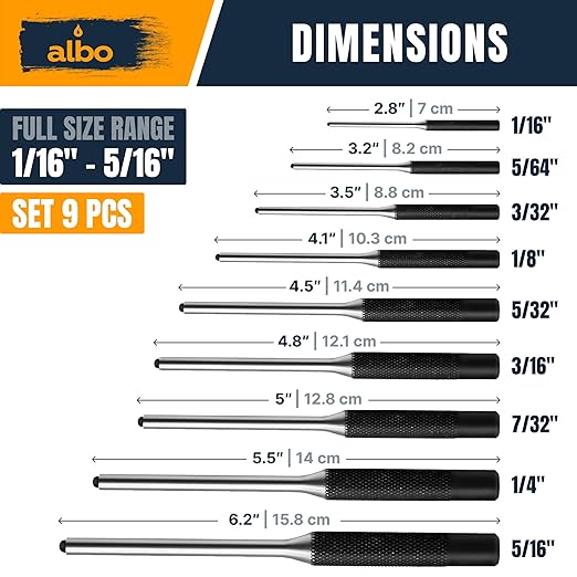 9-Piece Roll Pin Punch Set, 1/16??/16 in Chrome Vanadium Steel, Gunsmith Punch Kit for Firearm, Small Machinery, Knurled Handles, Roll Up Storage Pouch, Precision Gunsmithing Tools