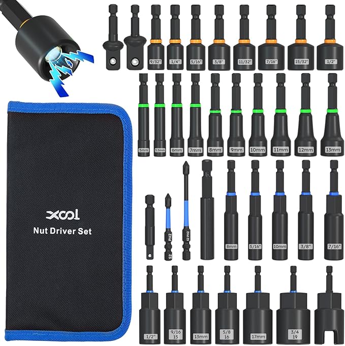 XOOL 36PCS Magnetic Nut Driver Set, Metric and SAE Nut Driver Set for 1/4" Quick-Change Hex Shank, Impact Drill Driver Bit Set with Storage Bag