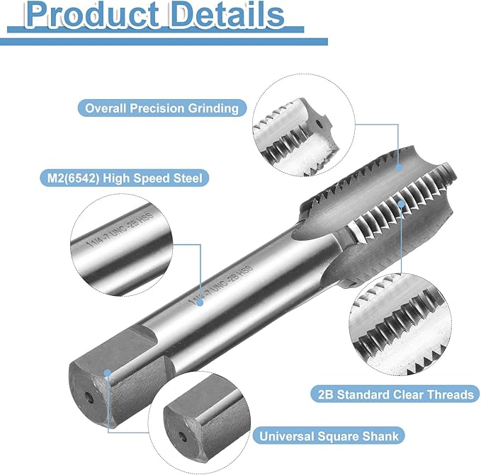 uxcell Hand Bottom Tap 1-1/4-7 UNC 2B Thread Bottoming Style Threading Taps High Speed Steel HSS6542 Straight Flutes Screw Tapping Tool