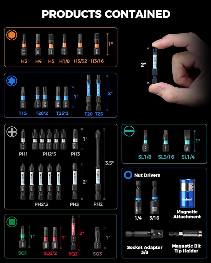 toolant Impact Driver Bit Set, Magnetic Screwdriver Bit Set, 1/4'' Hex S2 Steel Impact Driver Bit Set with Storage Box, 40-Piece