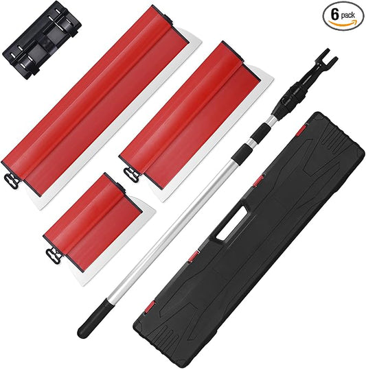 Drywall Skimming Blade Set, 10"+24"+32" Skimming Blade+ 33"-77" Extension Handle Pole with Portable Case, Stainless Steel Drywall Smoothing Spatula for Large Working Area Sheetrock/Wall-Board
