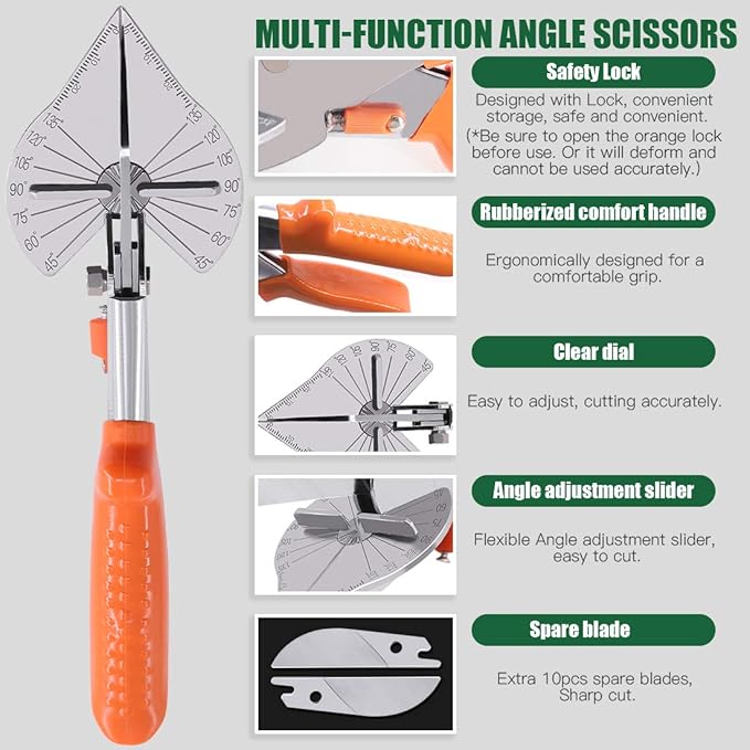 Keadic 7Pcs Multi Angle Miter Shear Cutter, Multifunctional Trunking/Miter Shears with Wrench and Upgrade Spare Blades, Quarter Round Cutting Tool for Cutting Soft Wood Plastic(45 to 135 Degree)