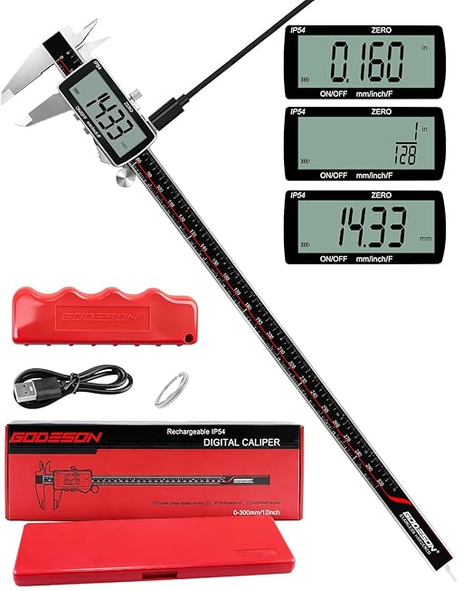 Digital Caliper 12 Inch, 짹0.001" High Precision, Rechargeable & IP54 Calipers Measuring Tool, Stainless Steel Vernier Caliper 300mm with Large LCD, MM/Inch/F, Rubber Grip for 3D Printing, Machine Shop