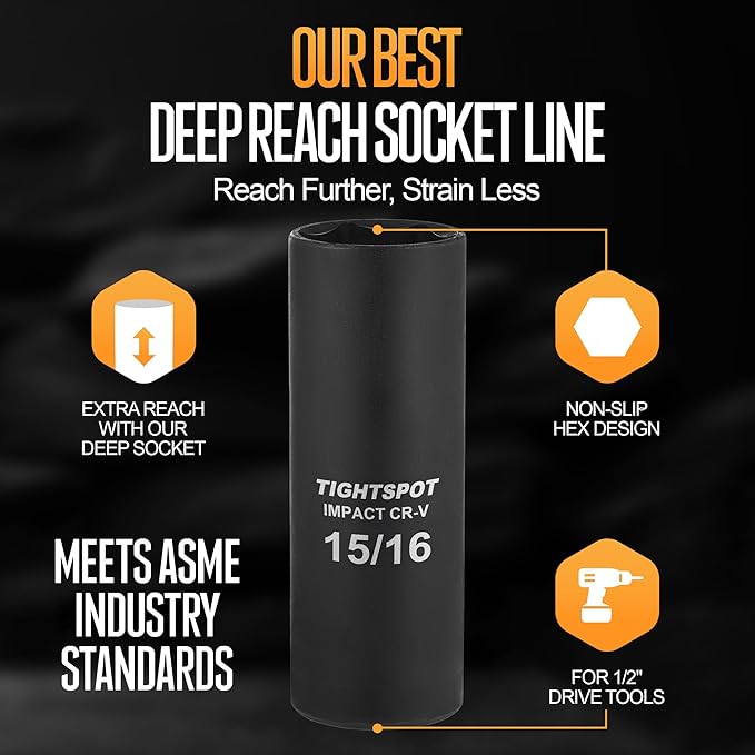 TIGHTSPOT 3/8 Inch Drive 15/16 Inch Deep Impact Socket with Anti-Rounding 6 Point Design, Heat-Treated CRV Steel