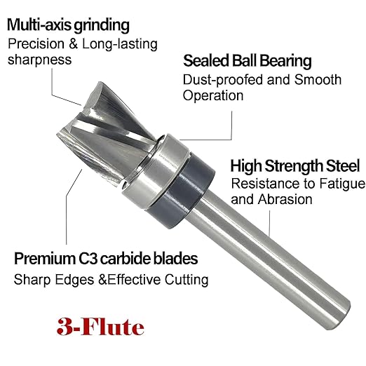 Spiral Flush Trim Router Bit 1/4 Shank, Carbide Head 3-Flute, 1/2" Diameter, 1/2" Cutting Length, Pattern Template Flush Trim Cut Router Bit, for Grooves, Bottom Cleaning, Wood Trimming