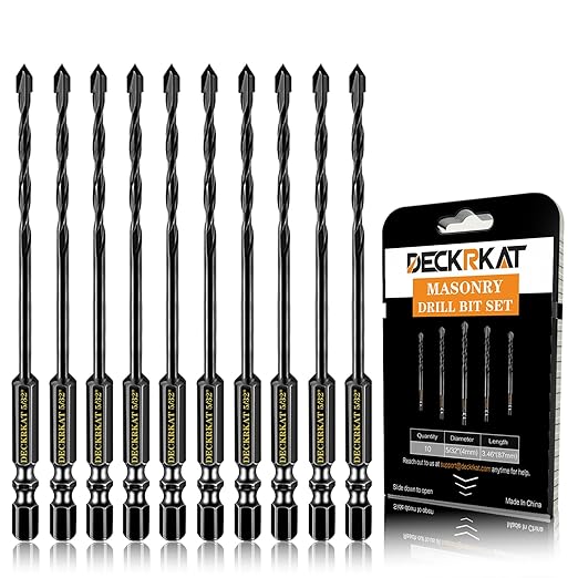 DECKRKAT 10-Piece 5/32" Carbide Masonry Drill Bits for Concrete, Brick, Tile - Black Hex Shank Set w/Heavy-Duty Case, Quick Change Fit Drill Driver