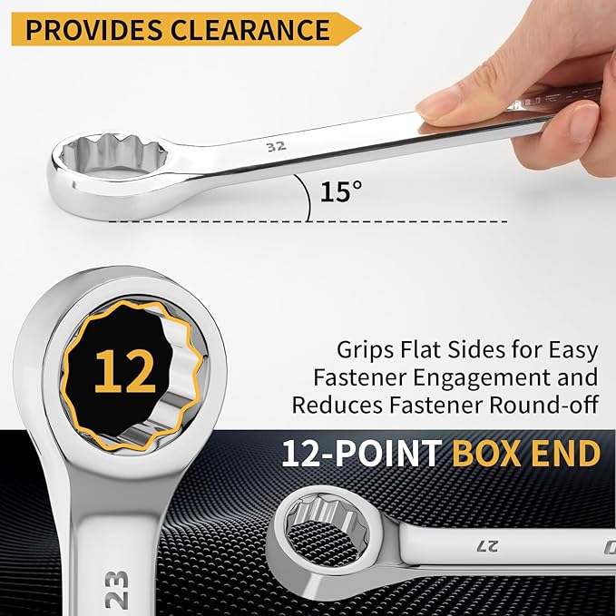 GRENPRO Metric Wrench Set, Large Wrench Set Metric and Standard, 7PC 23mm, 24mm, 26mm, 27mm, 30mm, 32mm Long Big Open End Wrench Tool Set Roll Up Pouch Organizer with Gauge, Combination Wrenches Sets