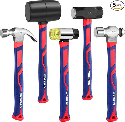 WORKPRO 5-Piece forge/Polish Steel Head, Fiberglass Handle Set - 32oz Rubber Mallet | 16oz Claw & Ball-Peen Hammers | 3lb Sledge | 22oz Double-Faced Mallet