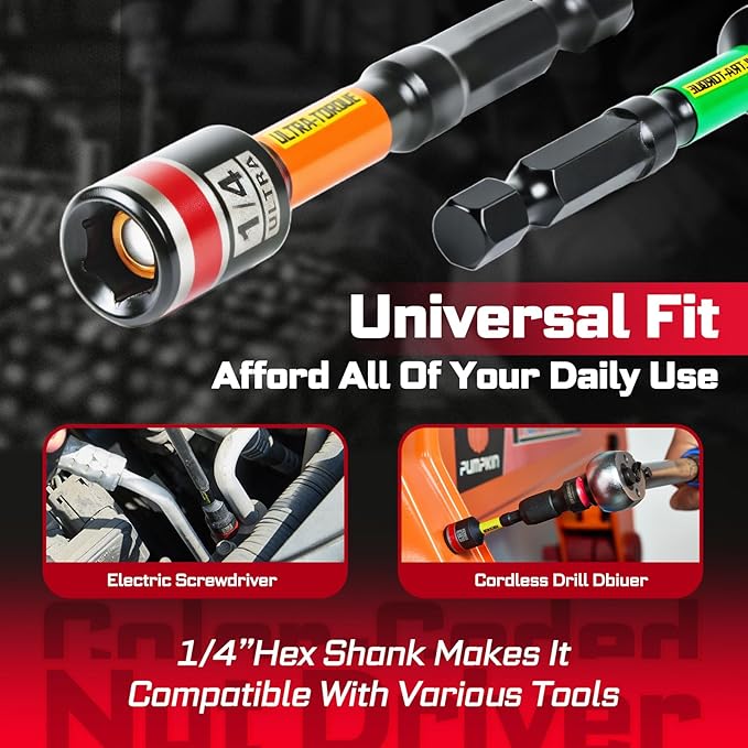 Impact Nut Driver Set, 10 Pieces 2.56???쒵ong 1/4??/16??/8??/16??1/2?? Point Alloy Steel Magnetic SAE Nut Setter Set Use For Require Installing 1/4 Hex Shank Impact Driver with Case Box
