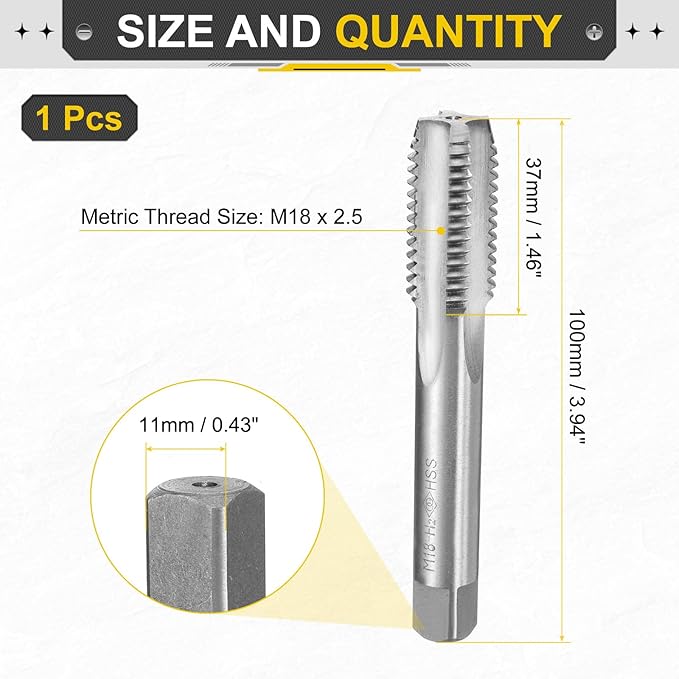 uxcell Hand Plug Tap M18 x 2.5 H2 Metric Thread Plug Style Taps Straight Flute Screw Tapping Threading Tool High Speed Steel HSS6542