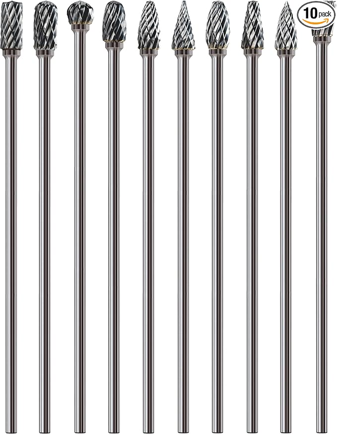10Pcs Long Carbide Burr Set 1/8" Shank Total L 4.4" Compatible with Dremel Die Grinder Bits Port Grind Metal Cast Iron Steel Aluminum Cylinder Head Engine Intake Exhaust Manifold Tight Area