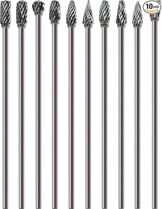 10Pcs Long Carbide Burr Set 1/8" Shank Total L 4.4" Compatible with Dremel Die Grinder Bits Port Grind Metal Cast Iron Steel Aluminum Cylinder Head Engine Intake Exhaust Manifold Tight Area