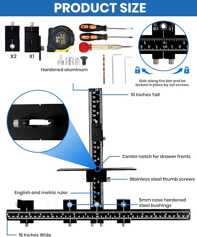 New Cabinet Hardware Jig Tool Set - Aluminum Alloy Cabinet Handle Jig ??With Automatic Center Punch, Cabinet Jig 14-Piece - Adjustable Drill Guide for Cabinet Installing/Drawer Knobs - Door Pulls