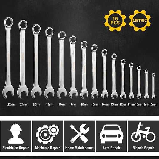 DEKOPRO Combination Wrench Set, Metric, 15-piece, 8-22mm, 12-Point, Chrome Vanadium Steel, with Plastic Tray