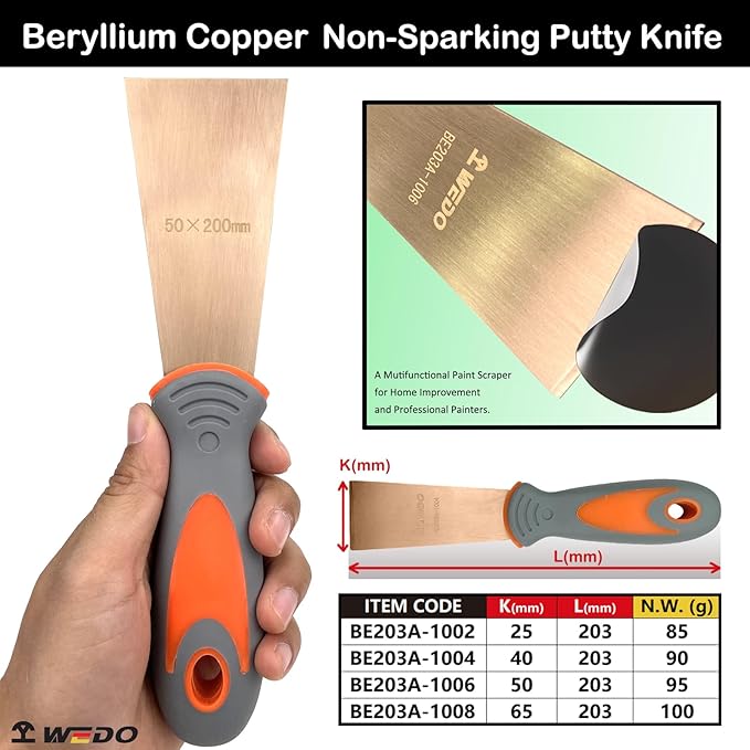 WEDO Non-Sparking Putty Knife 60mm(2-1/2??, Stiff Spark-free Safety Scraper Painter, Non-Magnetic, Die-Forge, Corrosion Resistant, DIN Standard, Beryllium Copper, 8??Length