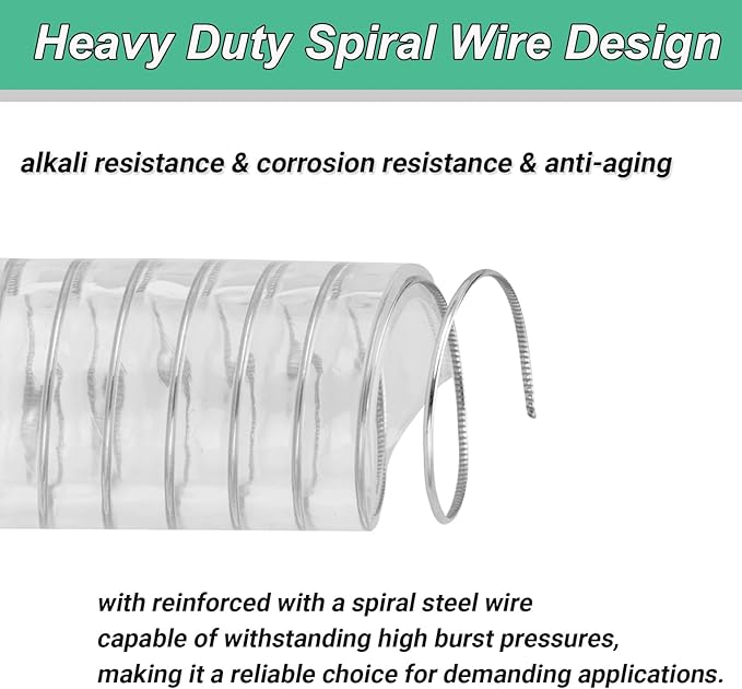 Wire Reinforced Hose 1-1/2" id - 10ft Clear High Pressure Suction Line Plastic Vinyl Tubing with Spiral Steel Wire Suction Hose, Drain Water Fuel Powder