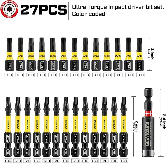 Impact Torx Screwdriver Bits Set,26Pcs 1??2?쒶agnetic T20 S2 Steel Star Driver Bits and 1Pc Bit Holder with Color Coded Base