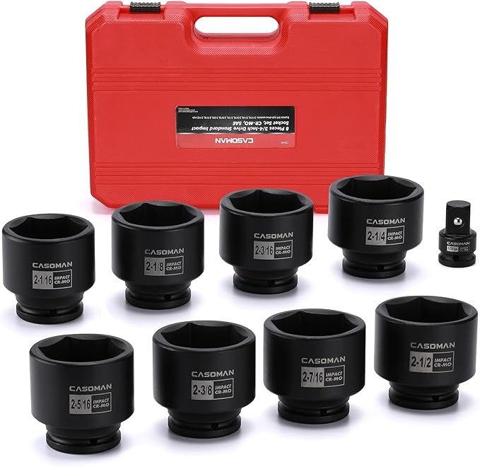 CASOMAN 9PCS 3/4" Drive Spindle Axle Nut Impact Socket Set, Include 1/2" to 3/4" Adapter, 6 Point, CR-MO, 2-1/16" to 2-1/2", Large Socket Set, Heavy Duty Use In Removing And Installing Axle Nuts