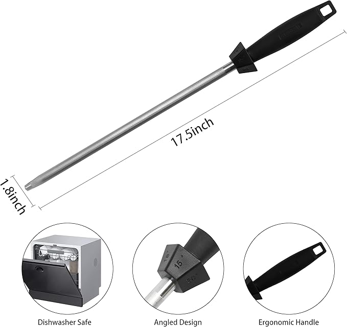Knife Sharpener Knife Sharpening Rod Honing Steel with 15째-18째-20째Angle Guides Professional Carbon Steel with Black Rubber Grip for Kitchen Chef House Gift 12''