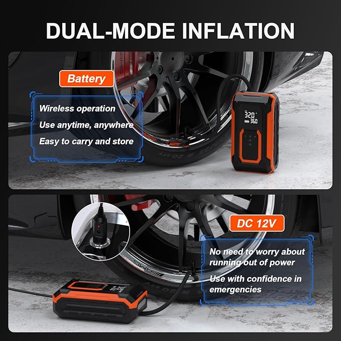 Tire Inflator Portable Air Compressor, 150PSI Cordless Air Pump for Car Tires, Dual Power - Battery & 12V DC, Portable Air Pump With Memory Function for Car, Motorcycle, Bike, Ball, etc
