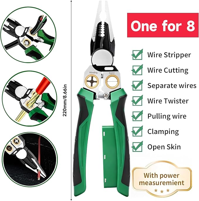 NENOWOND 2025 Upgraded 8-in-1 Wire Stripper with Voltage Tester ??Multifunctional Heavy-Duty Electrical Pliers, Professional Wire Cutter & 12??50V AC/DC Hot/Neutral Tester (Green)