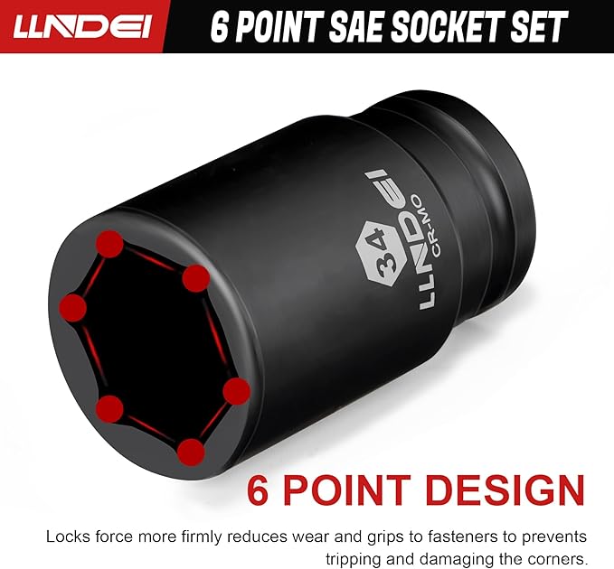 LLNDEI 3/4 inch Drive Impact Socket Set, 12 Piece Heavy Duty CR-MO Deep/Jumbo Sockets 6 Point Design, Metric 21mm-38mm, for Large Vehicle and Apparatus Maintenance