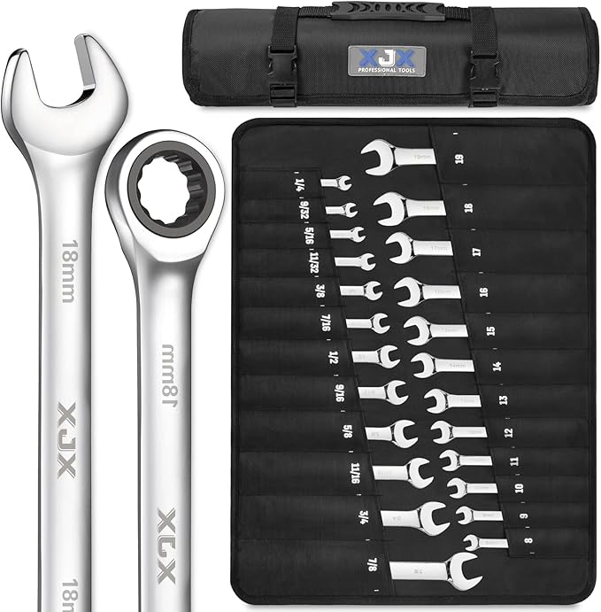 XJX Ratcheting Wrench Set, 24-Piece Combination Wrench Set, SAE & Metric 1/4" to 7/8" & 8-19mm Combination Wrenches 72-Tooth CR-V Wrenches with Roll Up Pouch