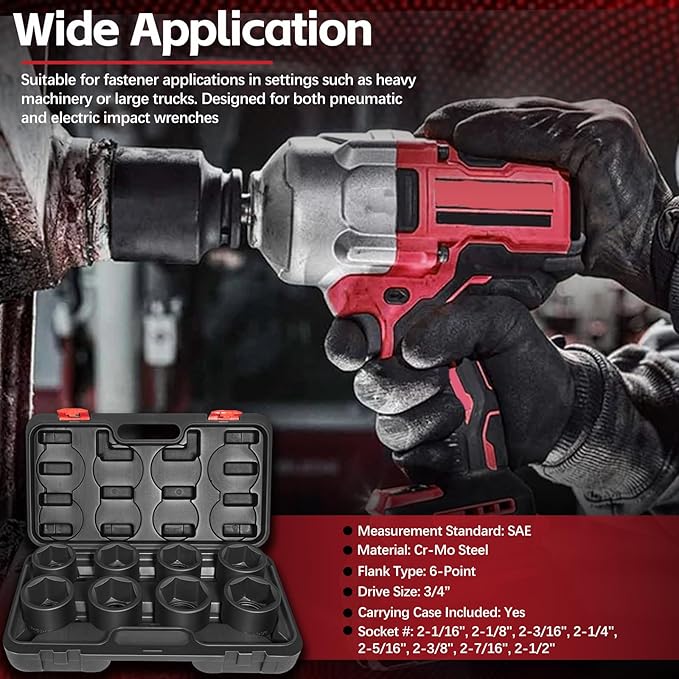 3/4'' Drive Spindle Axle Nut Impact Socket Set, 8 Pack Large Impact Socket Set, Axle Nut Socket Set, 6 Point SAE Size 2-1/16" to 2-1/2", For Wheel Hub Axle Nut Removal and Installation