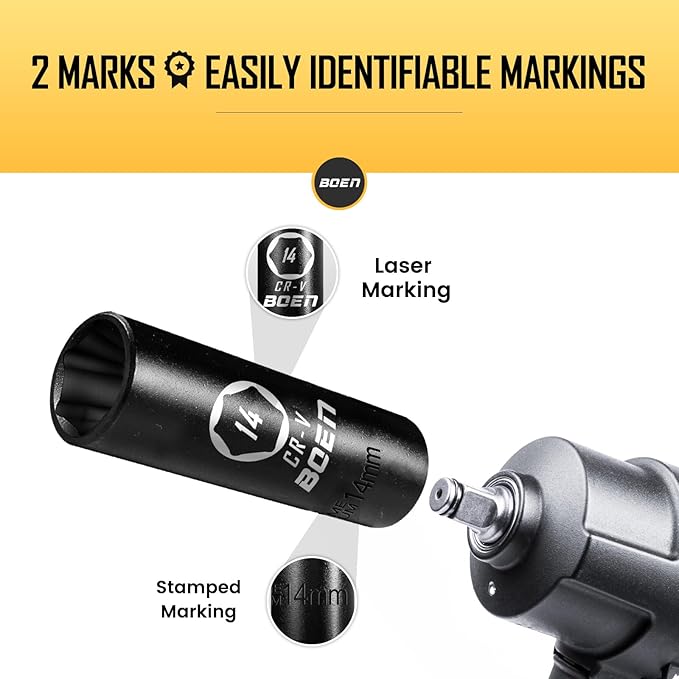 BOEN 1/2" Drive Deep Impact Socket,14mm Premium Socket,Metric,6 Point,Cr-V Steel with Laser Marking - Strong and Durable