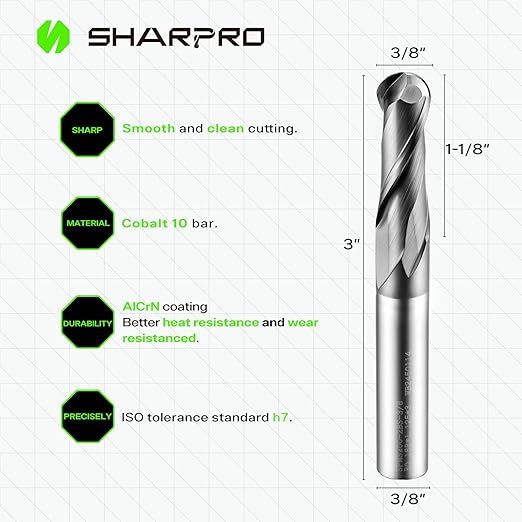 Extra Long Ball Nose End Mills 3/8 Inch SHK. and Cutting Dia. 3D Carving, High-Speed and Deep Cutting, AlCrN Coated, Apply for Alloy Steel, Stainless Steel and Various Cast Iron. (3PCS)