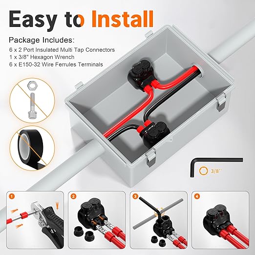 Joinfworld 2 Port Insulated Multi Tap Connector 350MCM-6AWG Wire Connectors Aluminum to Copper Wire Connectors Single Side Entry Black Electrical Cable Connectors with Slotted Allen Hex - 6 Pack