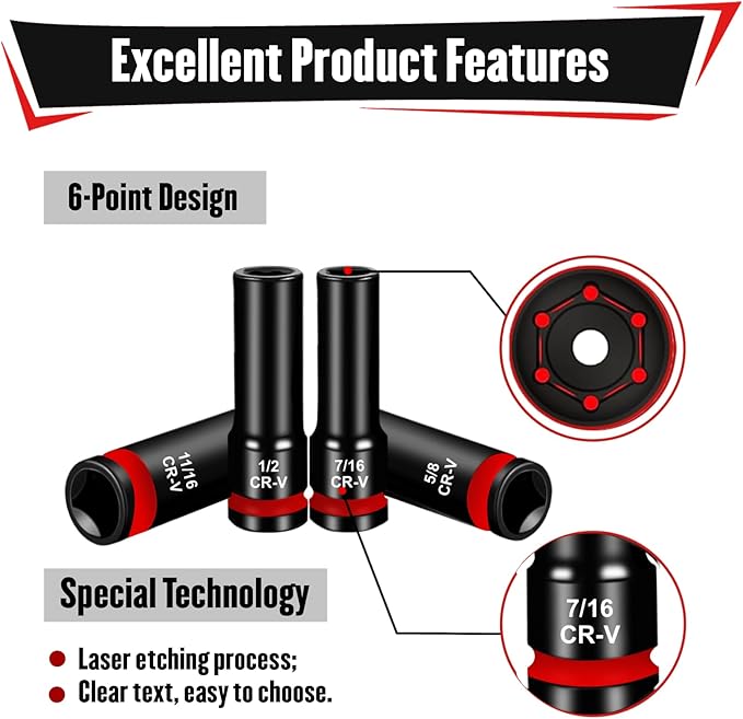 YIYITOOLS 1/2 Drive Socket Set, 29-Piece Deep Impact Socket Set, Standard SAE (3/8"- 1"), Metric (10mm-24mm) Sockets with 3", 5", 10" Impact Extension Bar, Cr-V Steel, Colored Groove