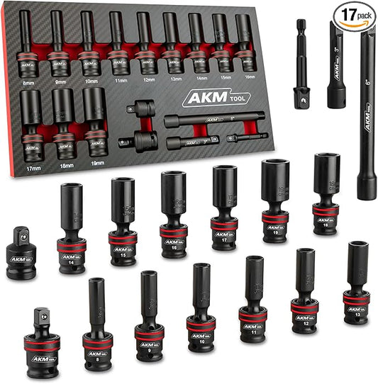 3/8" Drive Universal Impact Socket Set, 17 Piece Swivel Socket Set, Wobble Sockets, Flexible, 6-Point, Metric, 8-19mm, Cr-Mo, with 3" 6" Extension Bars and Adapter