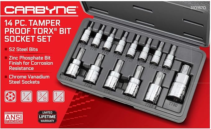 CARBYNE 14-Piece Tamper-Resistant Torx Bit Socket Set, TT8 to TT60 Sizes, S2 Steel Bits, Cr-V Sockets, Durable Case | 1/4, 3/8, & 1/2 in. Drive ??From a Family-Run Tool Company Based in the U.S.A.