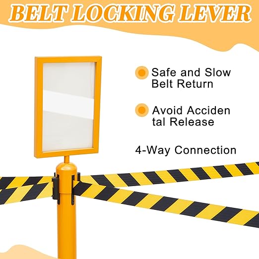 Therwen 12 Pack Heavy Duty Crowd Control Stanchions 9.8 ft Stainless Steel Stanchion Set with Safety Barrier Post Retractable Belt and Sign Holder Crowd Control Barrier(Stripe Belt, Yellow)