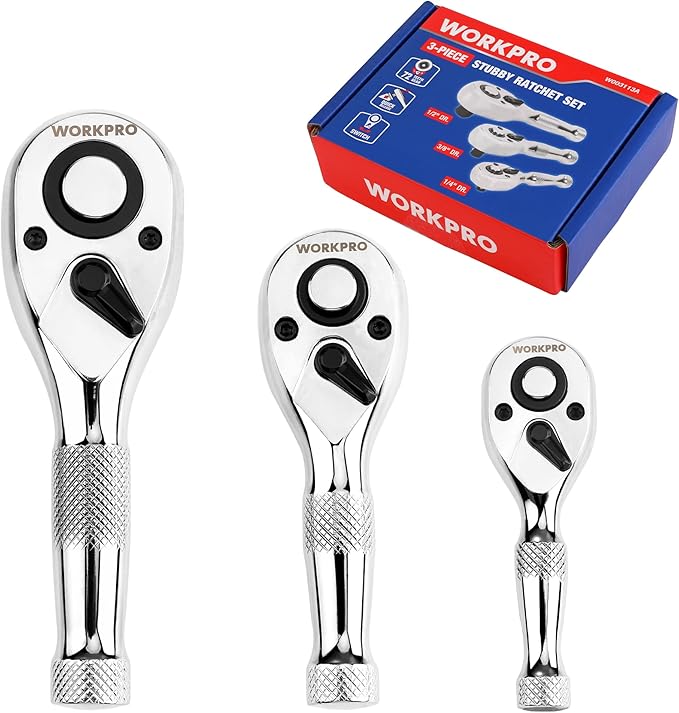 WORKPRO 3-Piece Stubby Ratchet Set, Quick Release Reversible, 1/4", 3/8", 1/2" Drive Mini Ratchet Handles, Chrome Alloy Made, CR-MO Head, 72-Tooth, Full Polished