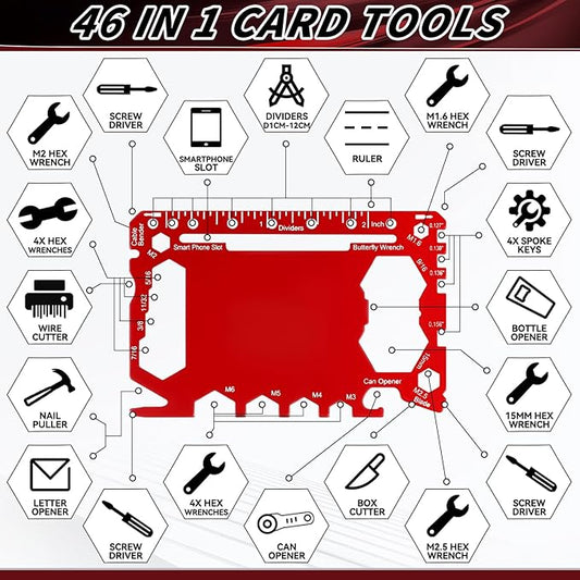 Cholemy 12 Pcs Credit Card Wallet Multitool 46 in 1 Metal Stainless Steel Survival Pocket Tool Multipurpose Bottle Opener Bulk for Men Christmas Stocking Stuffer Gift(Black, Red, Gold,Classic Style)