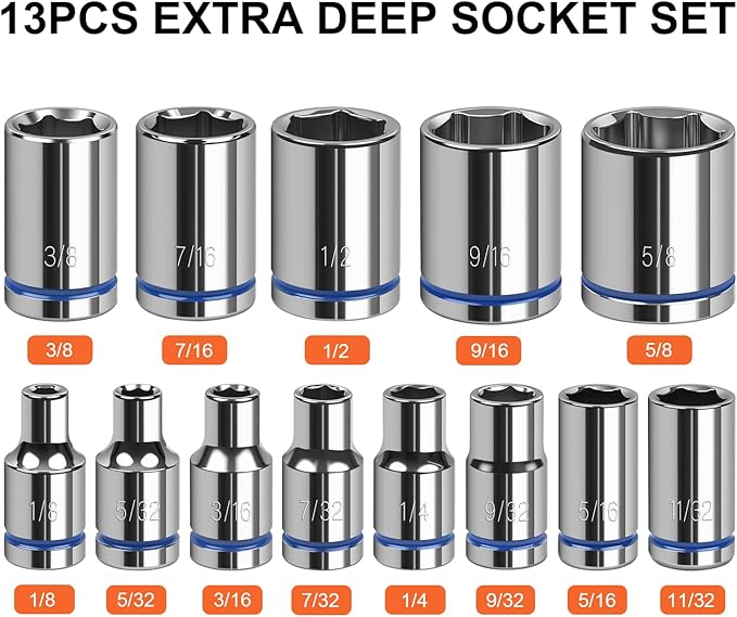 1/4" Drive SAE Master Socket Set, 13-Piece Shallow Hex Socket Set (1/8" - 5/8"), Cover Most Commonly Sizes, 6 Point, Chrome Vanadium Steel with Molded Case
