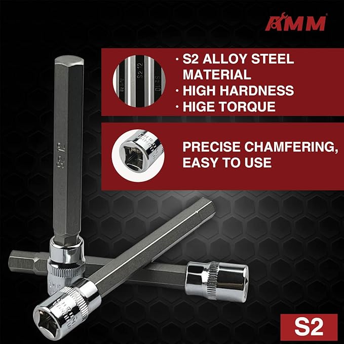 AMM 19-Piece 3/8 Inch Drive Extra Long Allen Hex Bit Socket Set, Standard SAE & Metric (1/8-Inch - 3/8-Inch, 3-12mm), S2 Alloy Steel, Necessary auto repair tools