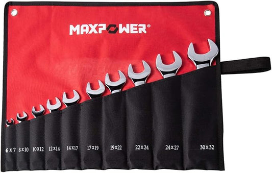 MAXPOWER 10PCS Double Open-End Wrench Set, Full Polished Chrome Plated, Made with Heat-Treated Carbon Steel, Includes Roll-up Storage Pouch, Metric Sizes up to 32mm