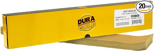 Dura-Gold Premium 120 Grit Gold Pre-Cut PSA Longboard Sandpaper Sheets, Box of 20, 2-3/4" x 16-1/2" Self-Adhesive Stickyback Sandpaper for Automotive, Woodworking Air File Sander, Hand Sanding Block