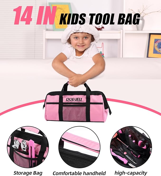 DOWELL 14 Pieces Kids Real Tools Pink Tool Set竊똖ool Kit with Storage Bag for Boys, Girls, Children DIY Building and Woodworking, Age 8+