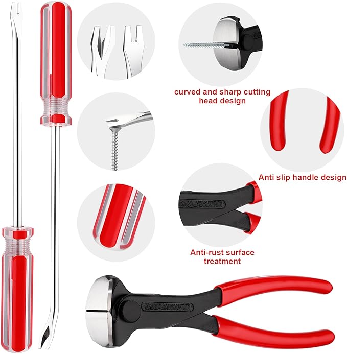 Honoson 3 Pcs Nail Puller Pliers Nail Remover Tool Set Include 7" End Cutting Pliers 6" Bendable U Tip and V Tip Tack Lifter for Remove Jewelry Cutting Wires Furniture Floor Wall Photo(Red)