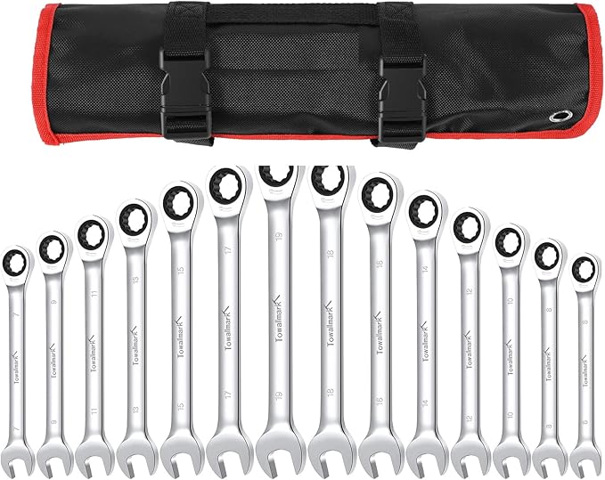 Festisoul 14-Piece Metric Ratcheting Wrench Set, 6-19mm Non-Reversible Fixed Head, Chrome Vanadium Steel with Roll-Up Pouch for Automotive, Garage, and Home Repair