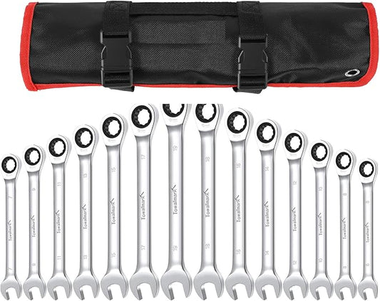 Festisoul 14-Piece Metric Ratcheting Wrench Set, 6-19mm Non-Reversible Fixed Head, Chrome Vanadium Steel with Roll-Up Pouch for Automotive, Garage, and Home Repair