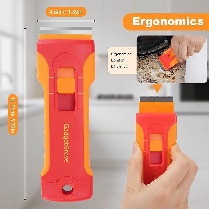 Razor Blade Scraper with 10pcs Blades and 3Pcs wire brushes,Scraper Tool for Cleaning Glass Window, Cooktop, Oven, Stove, Scraper with Buit-In Blade Storage, Upgraded Lock Mechanism, Orange