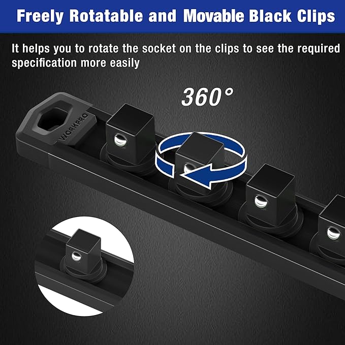 WORKPRO Magnetic Socket Organizer, 1/2-Inch Drive Aluminum Alloy Socket Rail, Heavy Duty Socket Holder, Socket Rack Kit 1/2-Inch x 10 Clips Black (Socket not Included)