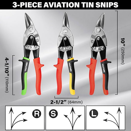 HAUTMEC Aviation Tin Snips Set for Cutting Metal Sheet, 10 Inch Heavy-Duty CR-V Metal Shears for Straight, Left & Right Cuts, with Safety Lock and Ergonomic Grip - HTSSM25063